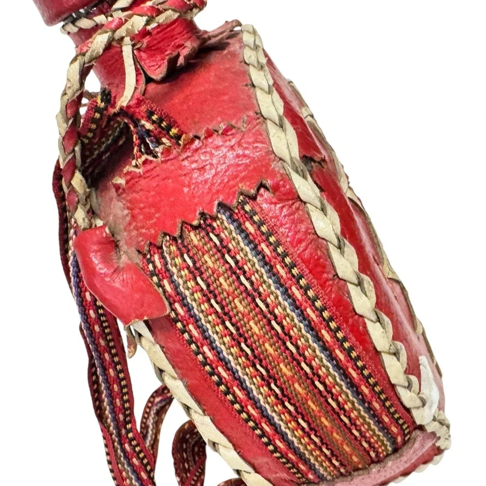 Vintage Red Leather Wrapped Glass Canteen Woven Strap Southwestern Folk Art Boho